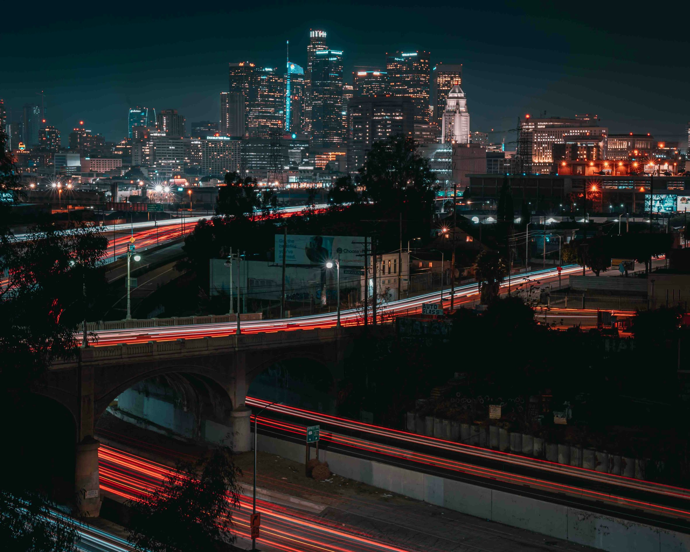 Downtown Los Angeles skyline and illuminated freeways at night